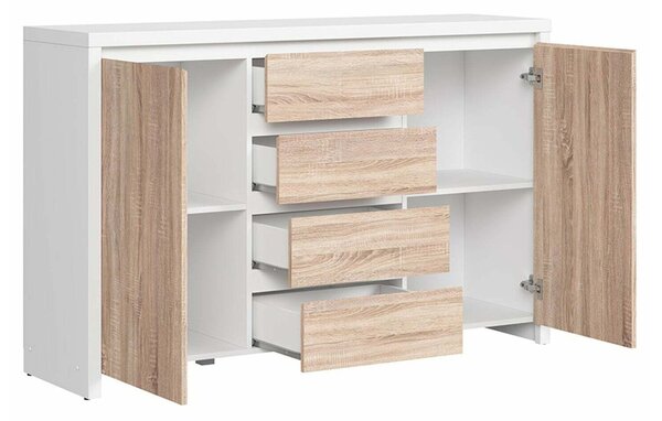 Komód Nolroma 103, Laminált forgácslap, 92x144x41cm, Fehér, Sonoma tölgy