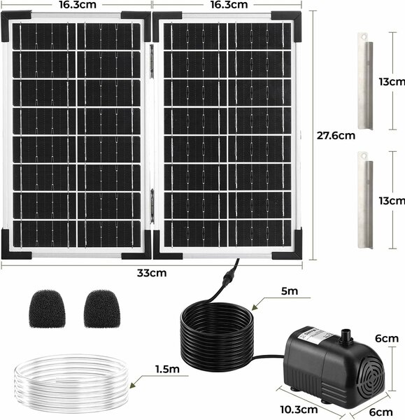 Napenergia Clevich 20W, vízpumpa monokristályos üveg napelemmel, szabályozható teljesítmény 230 l/h, vízsugár 30-180 cm, kefe nélküli motor, 7 permetezési mód, 2 tartalék szűrő, 5 m vízálló k