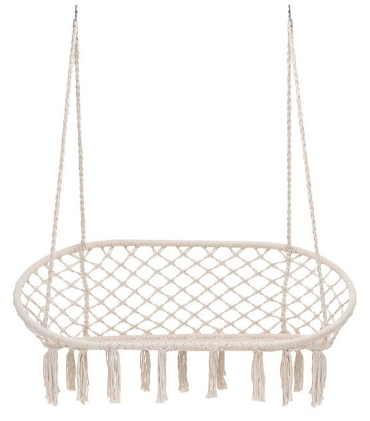 Kettős függőágy-szerű szék házhoz vagy kertbe, párnákkal, boho stílusban, 130x66x120 cm, maximum 300 kg, krémszínű és szürke