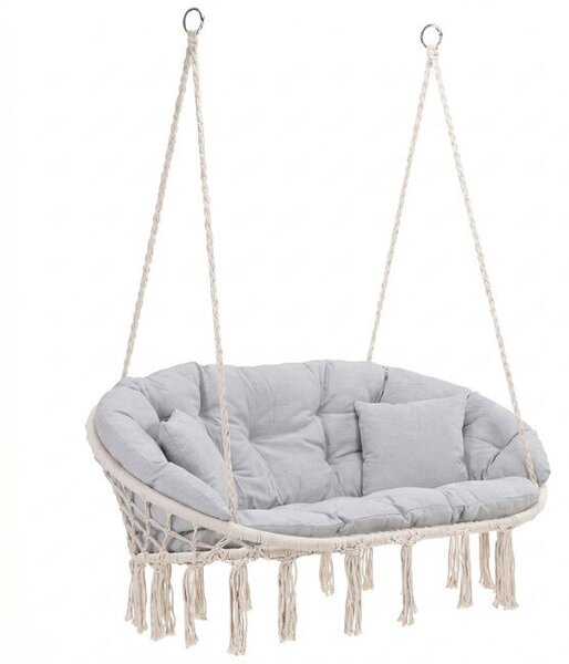 Kettős függőágy-szerű szék házhoz vagy kertbe, párnákkal, boho stílusban, 130x66x120 cm, maximum 300 kg, krémszínű és szürke