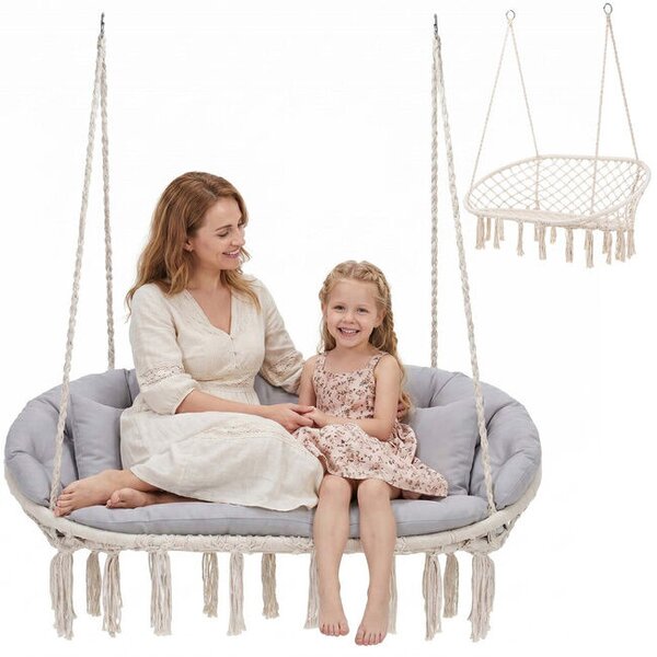 Kettős függőágy-szerű szék házhoz vagy kertbe, párnákkal, boho stílusban, 130x66x120 cm, maximum 300 kg, krémszínű és szürke