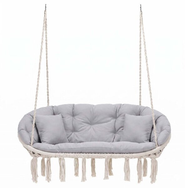 Kettős függőágy-szerű szék házhoz vagy kertbe, párnákkal, boho stílusban, 130x66x120 cm, maximum 300 kg, krémszínű és szürke