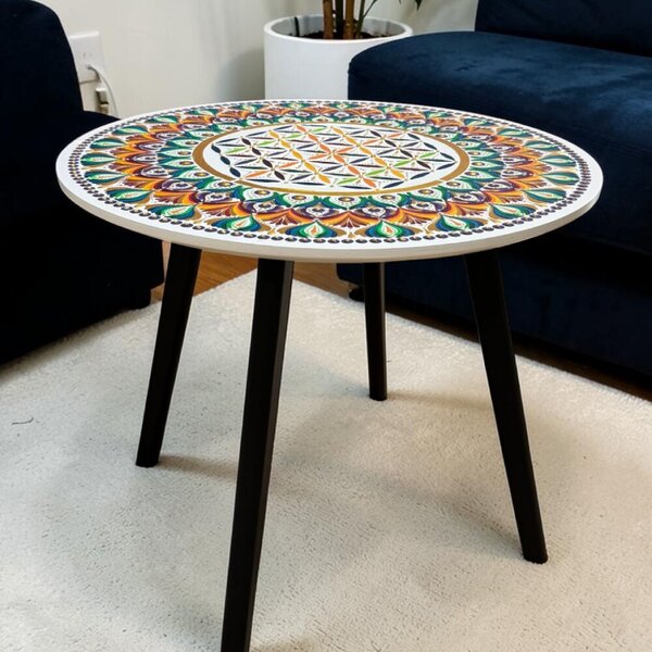 Dekorációs fehér asztal, kézzel festett mandala mintával, biztonsági üveggel, 50 cm
