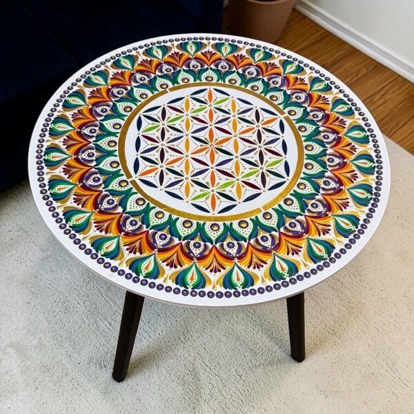 Dekorációs fehér asztal, kézzel festett mandala mintával, biztonsági üveggel, 50 cm