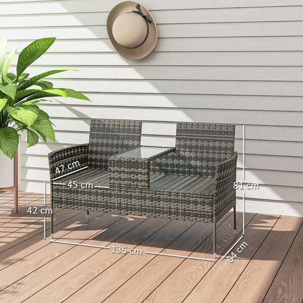 Outsunny Kerti pad 2 ülőhellyel és kávézóasztallal, acélból és PE rattanból, 137x59x82 cm, szürke