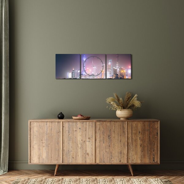 Éjszakai Shanghai képe (órával) (90x30 cm)