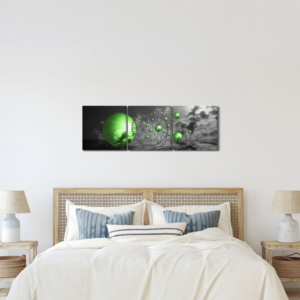 Zöld absztrakt gömbök képe (órával) (90x30 cm)