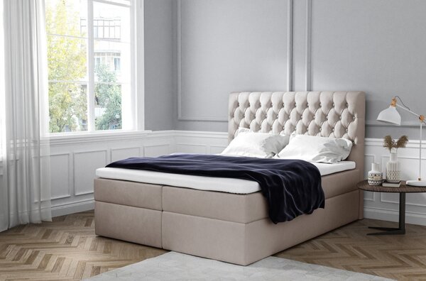 Mandy elegáns kárpitozott ágy tárolóval, világos bézs 180 x 200 + ingyenes topper