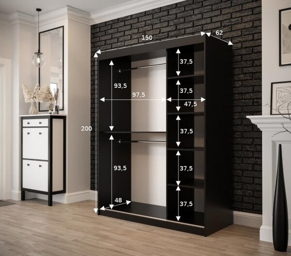 ORISA 1 kétajtós gardróbszekrény - 150 cm széles, fekete / régi stílusú