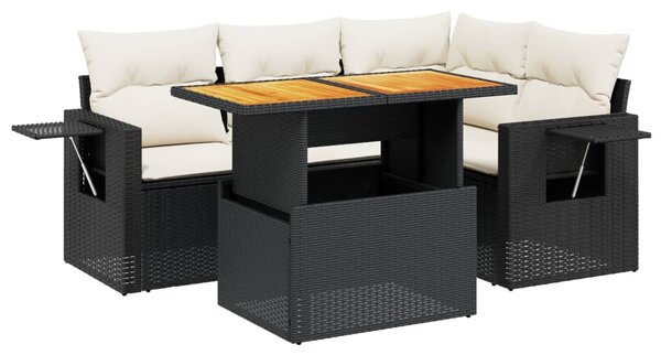 5 részes fekete polyrattan kerti kanapészett párnákkal