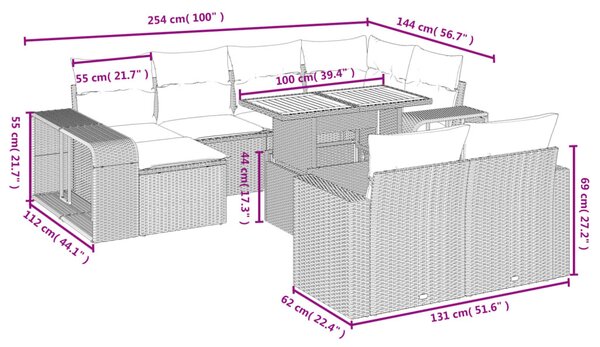 11 részes fekete polyrattan kerti ülőgarnitúra párnákkal