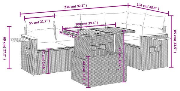 6 részes fekete polyrattan kerti ülőgarnitúra párnákkal