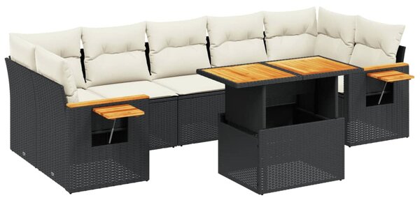 8 részes fekete polyrattan kerti ülőgarnitúra párnákkal
