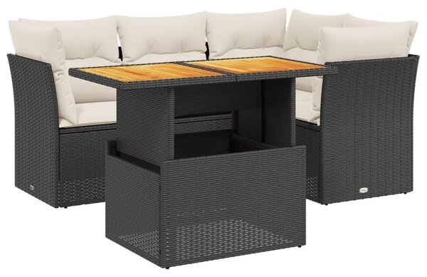 5 részes fekete polyrattan kerti kanapészett párnákkal