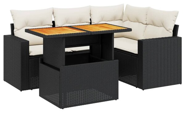 5 részes fekete polyrattan kerti kanapészett párnákkal