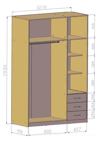 SIMELA kombinált gardróbszekrény - 127 cm széles, sonoma tölgy