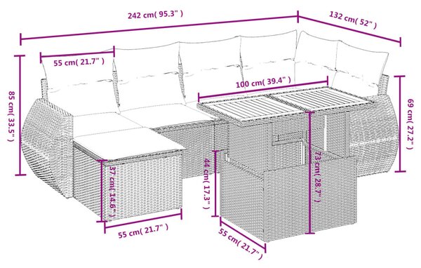 7 részes fekete polyrattan kerti ülőgarnitúra párnával