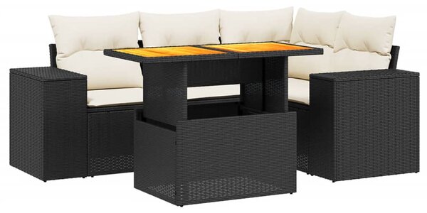 5 részes fekete polyrattan kerti kanapészett párnákkal