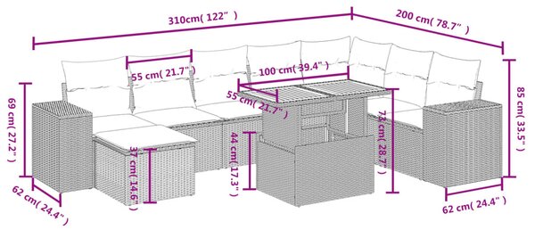 9 részes fekete polyrattan kerti ülőgarnitúra párnákkal