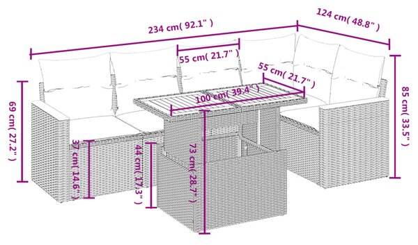6 részes fekete polyrattan kerti ülőgarnitúra párnákkal