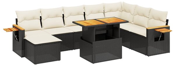 9 részes fekete polyrattan kerti ülőgarnitúra párnákkal