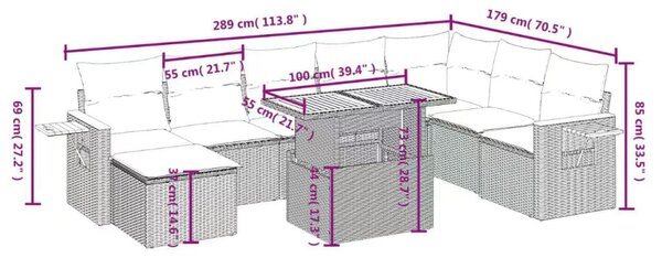 9 részes fekete polyrattan kerti ülőgarnitúra párnákkal