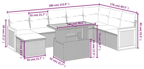 9 részes fekete polyrattan kerti ülőgarnitúra párnákkal