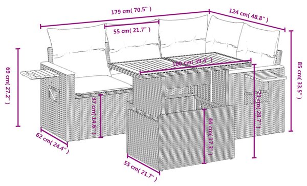 5 részes fekete polyrattan kerti kanapészett párnákkal