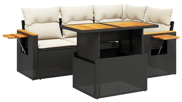 5 részes fekete polyrattan kerti kanapészett párnákkal