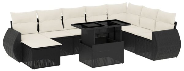 9 részes fekete polyrattan kerti ülőgarnitúra párnákkal