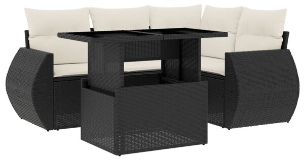 5 részes fekete polyrattan kerti kanapészett párnákkal