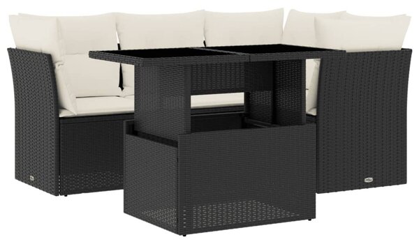 5 részes fekete polyrattan kerti kanapészett párnákkal