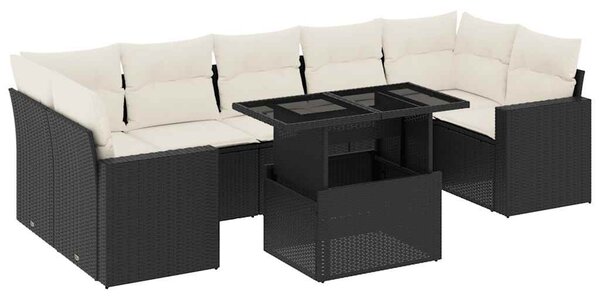 8 részes fekete polyrattan kerti ülőgarnitúra párnákkal