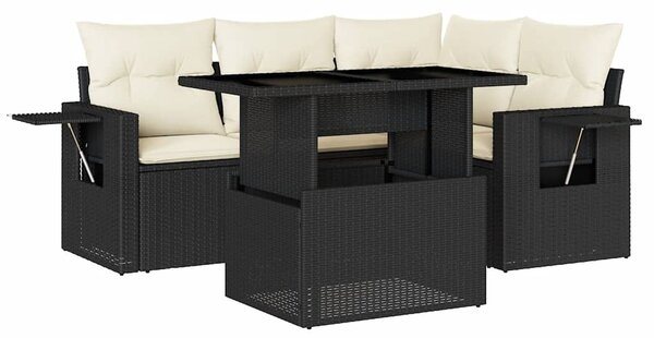 5 részes fekete polyrattan kerti kanapészett párnákkal