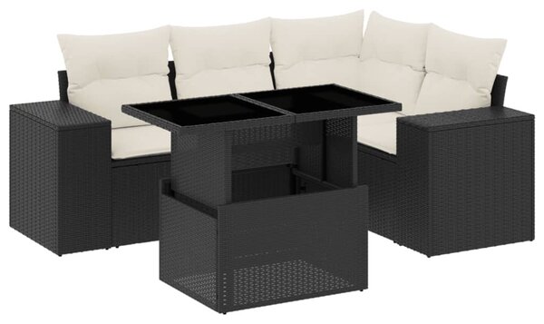 5 részes fekete polyrattan kerti kanapészett párnákkal