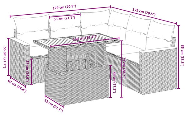 6 részes fekete polyrattan kerti ülőgarnitúra párnákkal