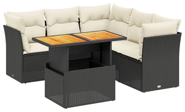 5 részes fekete polyrattan kerti kanapészett párnákkal
