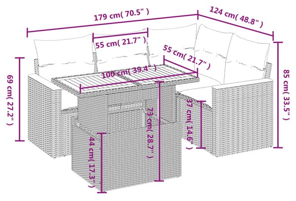 5 részes fekete polyrattan kerti kanapészett párnákkal