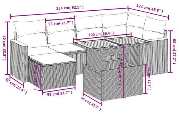 7 részes fekete polyrattan kerti ülőgarnitúra párnával
