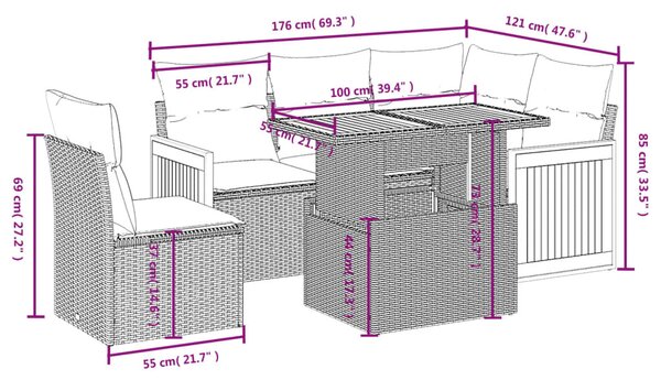6 részes fekete polyrattan kerti ülőgarnitúra párnákkal