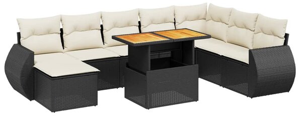 9 részes fekete polyrattan kerti ülőgarnitúra párnákkal