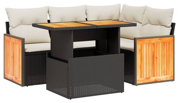 5 részes fekete polyrattan kerti kanapészett párnákkal