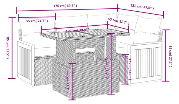 5 részes fekete polyrattan kerti kanapészett párnákkal