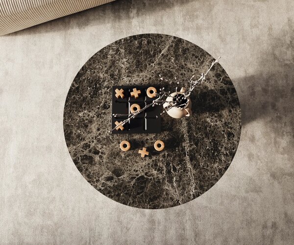 DELIFE Dohányzóasztal Edge kerek 90x90 cm Laminam® Emperador extra polírozott sötétbarna Parabi fém fekete