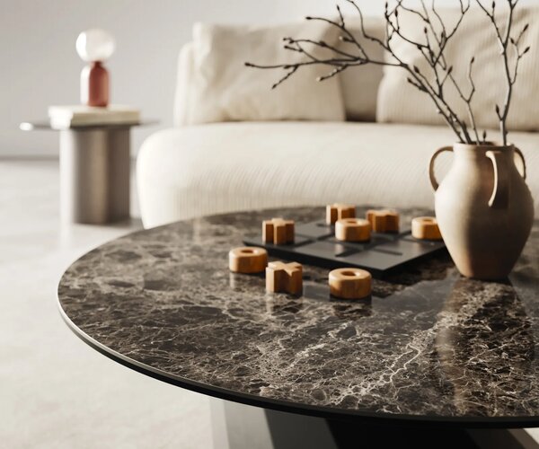 DELIFE Dohányzóasztal Edge kerek 90x90 cm Laminam® Emperador extra polírozott sötétbarna Parabi fém fekete
