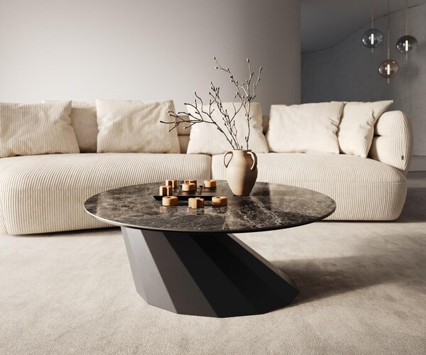 DELIFE Dohányzóasztal Edge kerek 90x90 cm Laminam® Emperador extra polírozott sötétbarna Parabi fém fekete