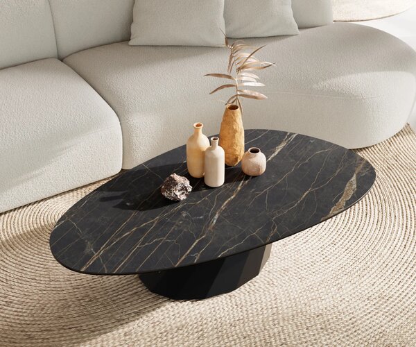 DELIFE Dohányzóasztal Edge ovális 140x75 cm Laminam® kerámia Noir Desir barna Parabi fém fekete