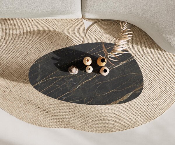 DELIFE Dohányzóasztal Edge ovális 140x75 cm Laminam® kerámia Noir Desir barna Parabi fém fekete