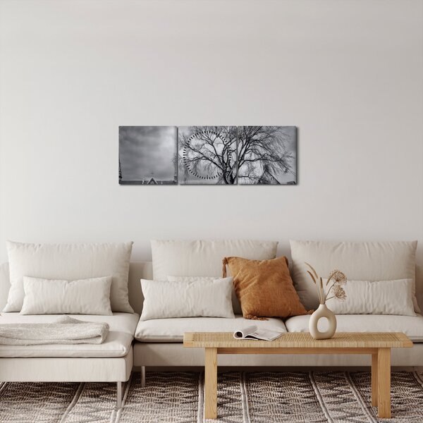 Fekete fehér falu képe (órával) (90x30 cm)