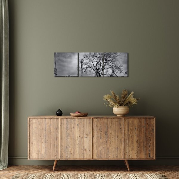 Fekete fehér falu képe (órával) (90x30 cm)